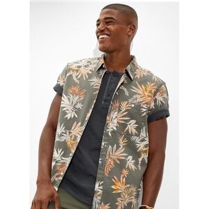 AE Tropical Short-Sleeve Button-Up Shirt Men Size M Olive Green Orange Palm Leaf